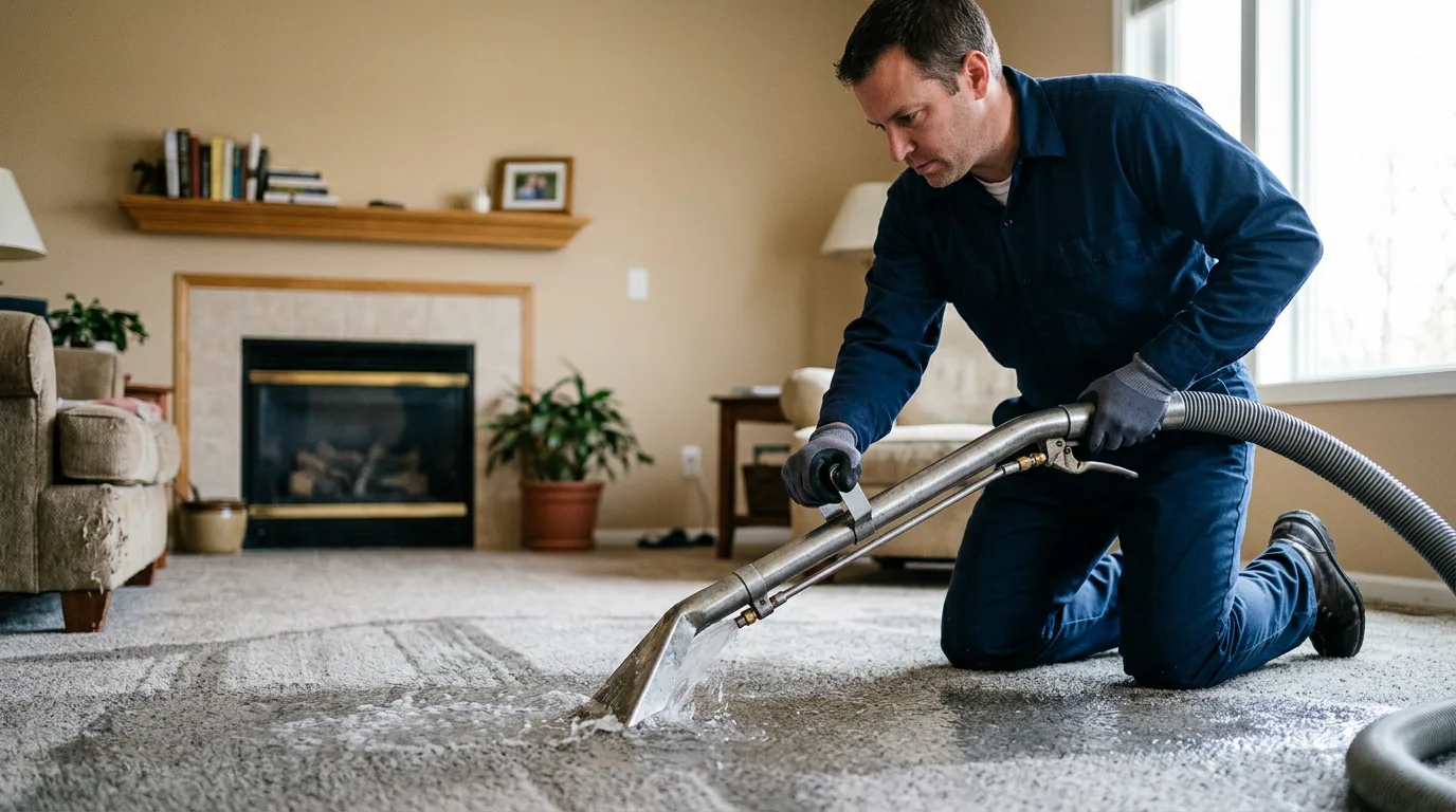 Water damage restoration technician working near Eden, VT